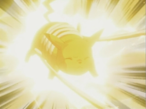 Pikachu de Ash usando Atactrueno/Rayo.