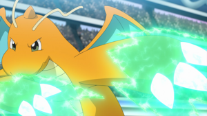 Dragonite de Ash usando garra dragón.
