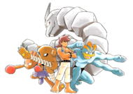 Artwork de Bruno junto con su Pokémon.