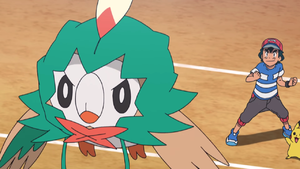 Rowlet con su disfraz de Decidueye.