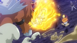 Foto del Capitán Pikachu y Crocalor contra Entei mostrada en el EP1315.