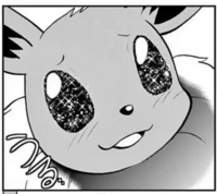 Eevee de Y usando ojitos tiernos.
