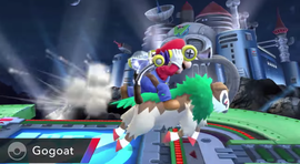 Gogoat usando derribo en SSB4, siendo montado por Mario.