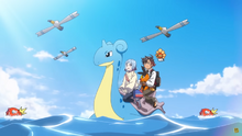 Xiao Hua y Xiao Liang navegan juntos sobre Lapras.
