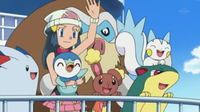 Quilava con Dawn/Maya y los demás Pokémon del equipo.