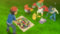 Ash les regala bayas a sus Pokémon.