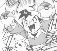 Gold sosteniendo dos cebo ball en el manga Pokémon Gold & Silver: The Golden Boys.