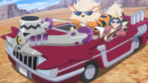 Diana y Arcanine montando en su coche con Revavroom.