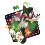 Pegatina Sprigatito y Meowscarada CD GO.png
