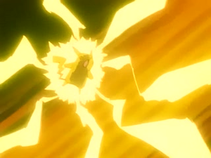 Pikachu de Ash usando impactrueno.