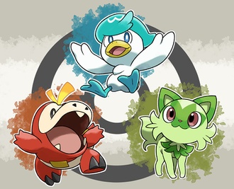 Ilustración de Sprigatito, Quaxly y Fuecoco realizada por el ilustrador Machito Gomi.