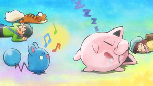 Un Azurill usando Canto tras aprenderlo de Jigglypuff mediante movimiento de Huevo.