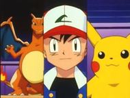 Charizard, Ash y Pikachu.