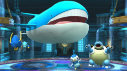 Clawitzer, Wailord, Piplup y Blastoise en la Liga Pokémon de Kalos.