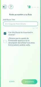 Primera parte, donde pide añadir un nombre, si la ruta se realiza en ambos sentidos y si el nombre del jugador aparecerá como creador.