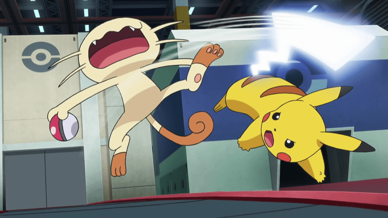 Archivo:EP882 Pikachu usando cola férrea contra Meowth.png
