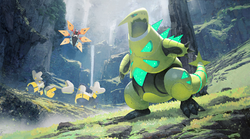 Ilustración de Ferropalmas junto a otros Pokémon Paradoja en el Área Cero.