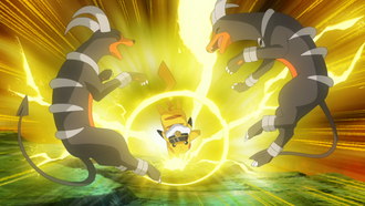 Capitán Pikachu usando puño trueno.