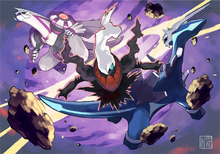 Ilustración de Darkrai, Dialga y Palkia.