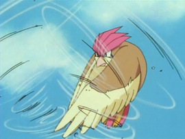 Pidgeotto de Ash usando Ráfaga de Aire/Tornado.