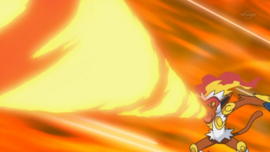 Infernape de Ash usando lanzallamas.
