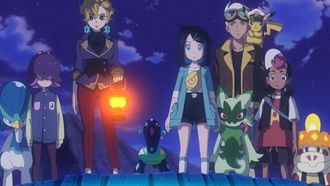 Capi junto a Doti, Brie, Terapagos, Liko, Friede y Rod en el Lago Cristalino.
