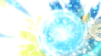 Froakie usando hidropulso y Pikachu usando rayo.