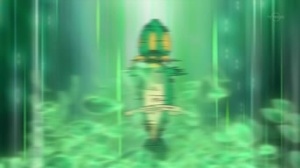 Snivy usando lluevehojas.