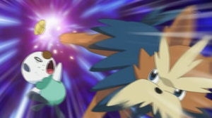 Herdier usando un movimiento parecido a Patada Doble/Doble Patada para quitarle la vieira a Oshawott.