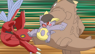 Mega-Kangaskhan de Ilima/Liam usando patada baja.