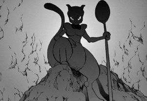 Mewtwo esperando en la Aldea Pokémon/Villa Pokémon.