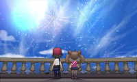 Escena de los fuegos artificiales en el Palacio Cénit en Pokémon X e Y de día.