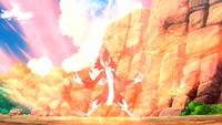 Lycanroc de Gladion/Gladio usando enfado. Primero su cuerpo se envuelve en un aura roja...