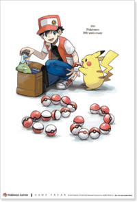 Rojo y su Pikachu en el 20 aniversario de Pokémon.