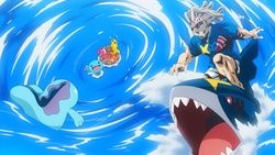 Foto del Súper G, Quagsire y Sharpedo rescatando a los Tatsugiri y Wooper mostrada en el EP1314.