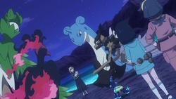 Foto del encuentro de Liko, Diana, Terapagos y los Cuatro Héroes con Ristal en el Lago Cristalino mostrada en el EP1312.