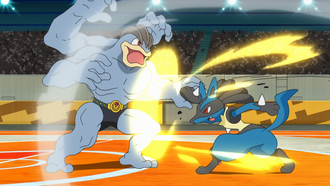 Lucario de Ash usando palmeo.