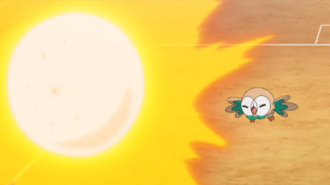 Rowlet de Ash usando bomba germen.
