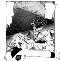 Los ejecutivos del Equipo/Team Rocket capturan a Arceus y lo llevan al centro del templo.