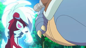 Lycanroc de Gladion/Gladio usando contraataque. Se rodea de un aura azul...