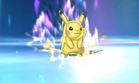Pikachu envuelto en un halo de poder Z.