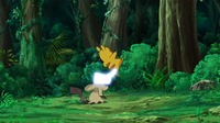 Pikachu de Ash usando cola férrea contra Mimikyu...