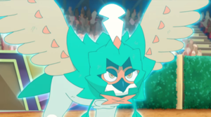 Decidueye de Tilo usando Ataque Celestial/Ataque Aéreo.
