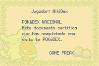 Diploma de Pokédex nacional en Pokémon Rojo Fuego y Verde Hoja.