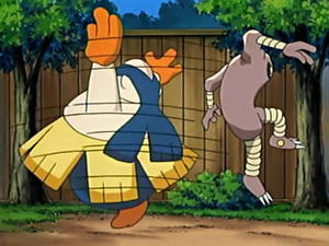 Hitmonlee usando Patada Rodante/Patada Giro.