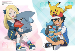 Ilustración de Ash con su Pikachu y Riolu junto a Cynthia/Cintia (anime) de pequeña.