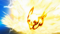 Pikachu de Ash usando tacleada de voltios/placaje eléctrico.