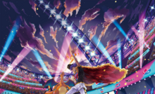 Ilustración de Lionel y Charizard en el Estadio de Puntera.