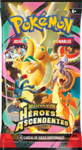 Sobre de Héroes Ascendentes protagonizado por Mega-Dragonite, Mega-Charizard Y, Mega-Lucario, Mewtwo, Ho-Oh y Pikachu Teracristal.