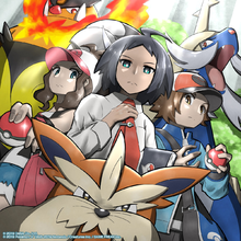 Artwork de Lucho junto a Liza y Cheren en Pokémon Masters EX.